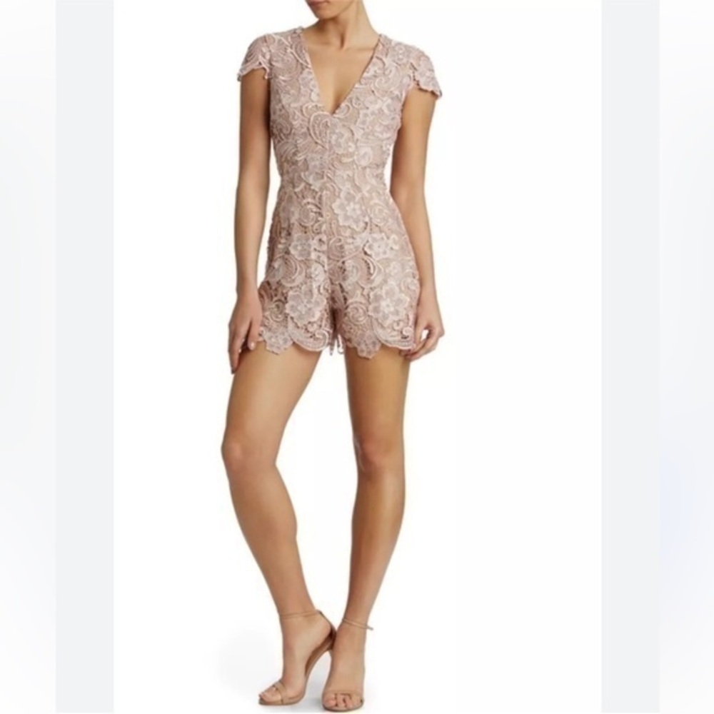 Forever 21 Peach Lace Romper Sweetheart VNeck Neckline Semi Sheer Short Sleeves